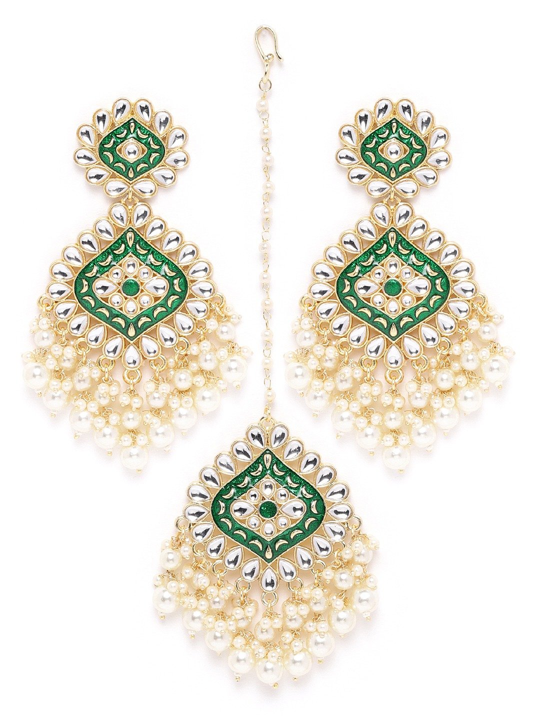 Green Kundan & Beaded Earring Tikka Set