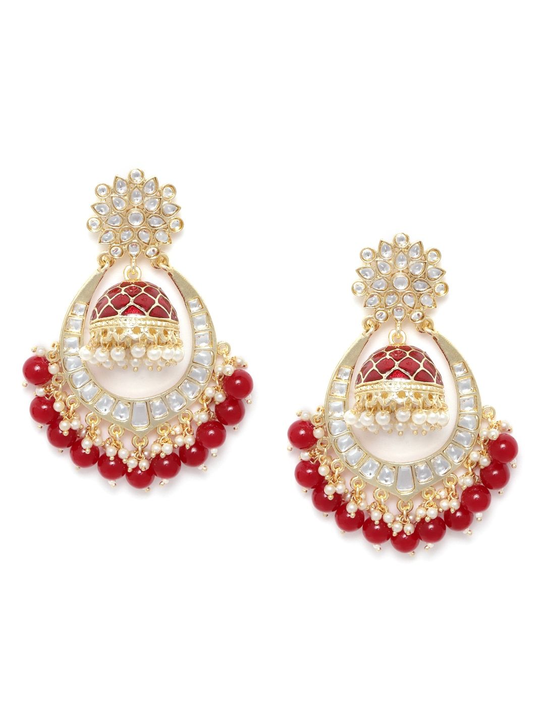 Maroon Gold Plated Kundan & Beaded Handcrafted Jhumka