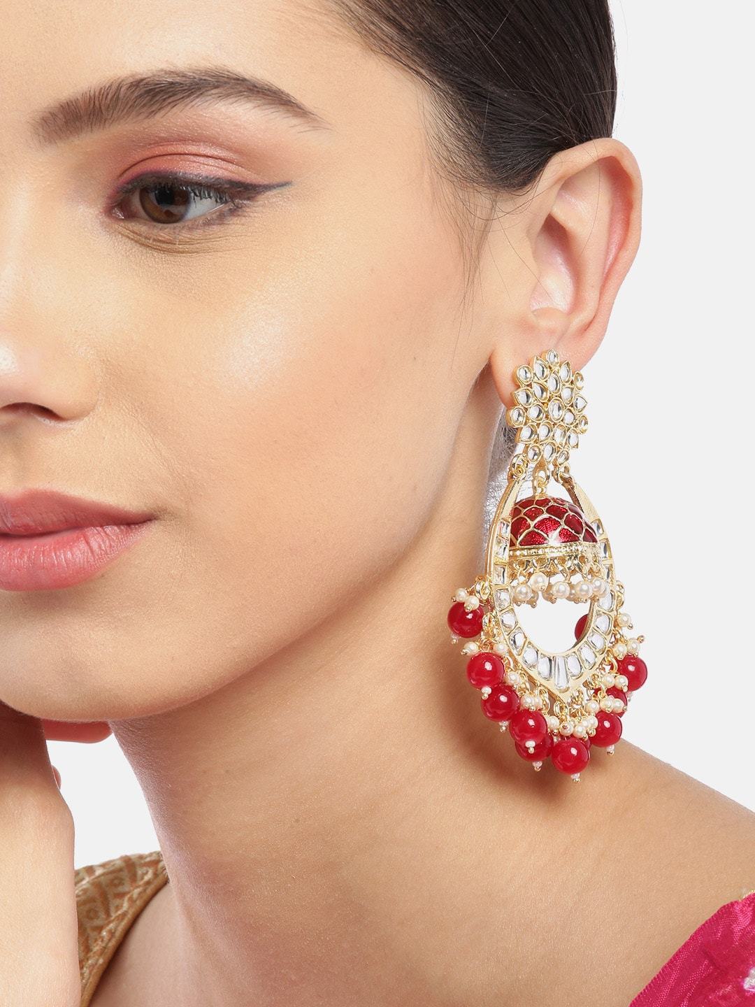 Maroon Gold Plated Kundan & Beaded Handcrafted Jhumka