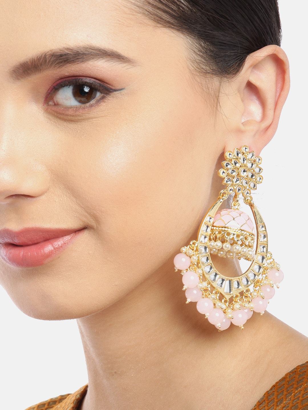 Pink Kundan & Beaded Handcrafted Jhumka