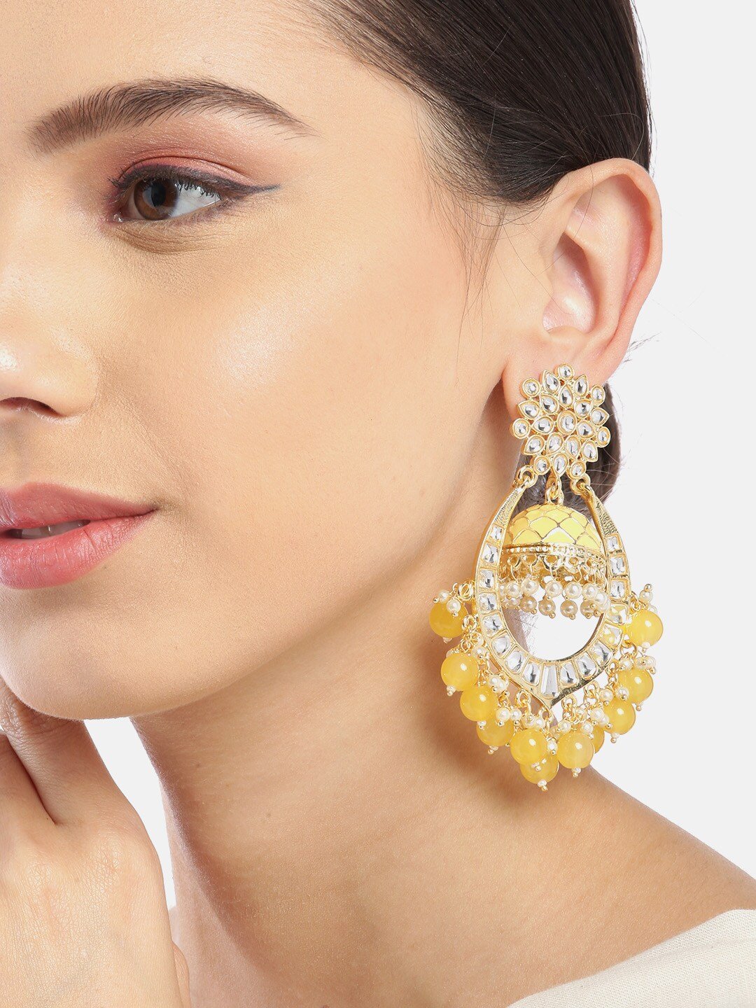 Yellow Kundan & Beaded Handcrafted Jhumka