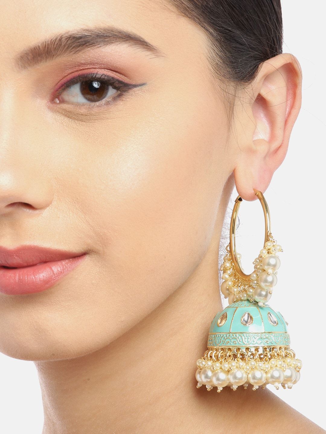 Turquoise Floral Hoop Handcrafted Beaded Jhumka