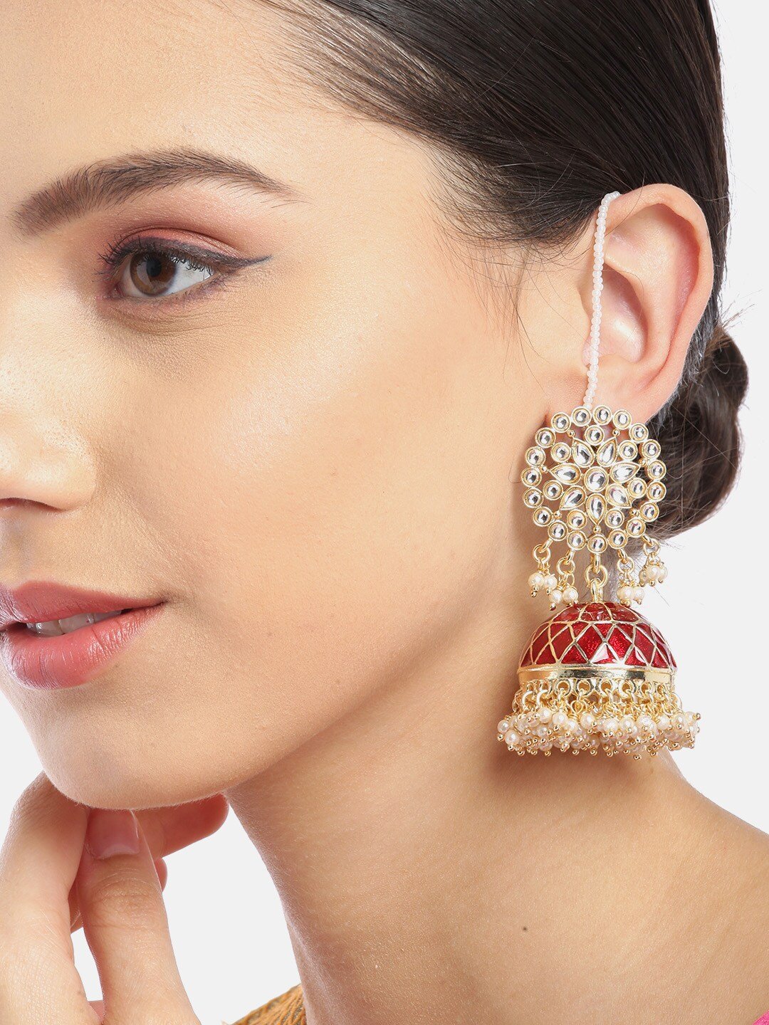 Maroon Kundan Dome Jhumka with Ear Chain