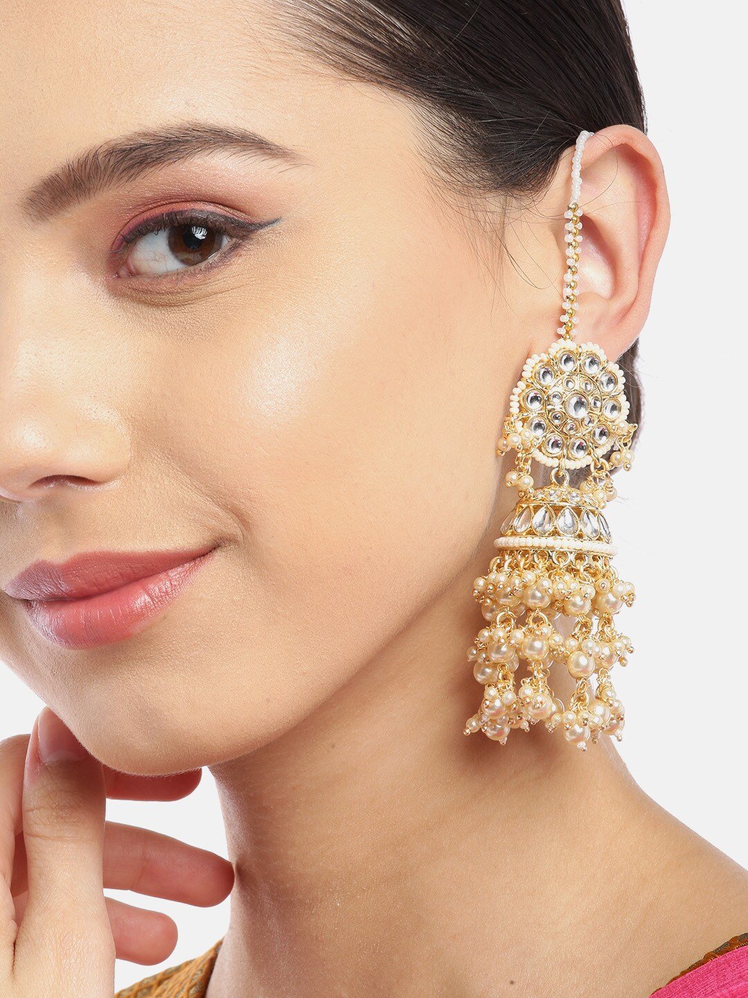 Kundan Pearl Flower Jhumka with Ear Chain