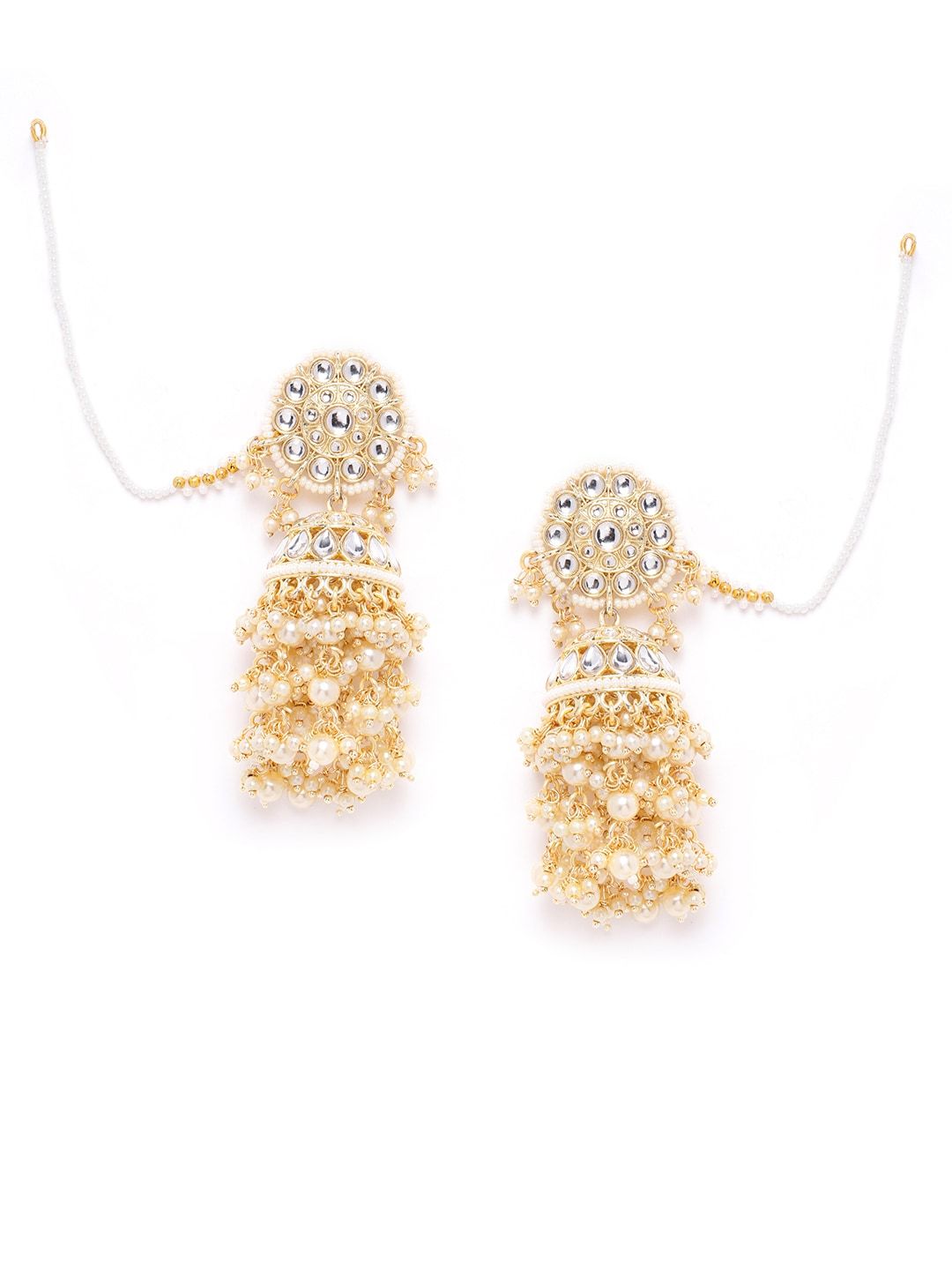 Kundan Pearl Flower Jhumka with Ear Chain