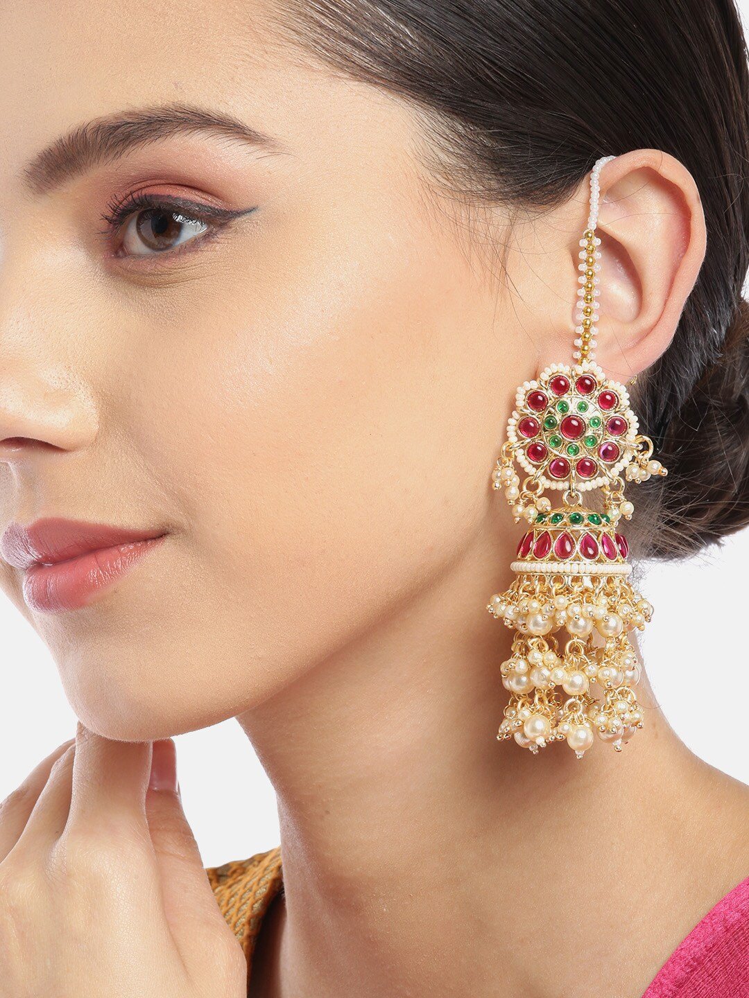 Maroon & Green Kundan Flower Jhumka with Ear Chain