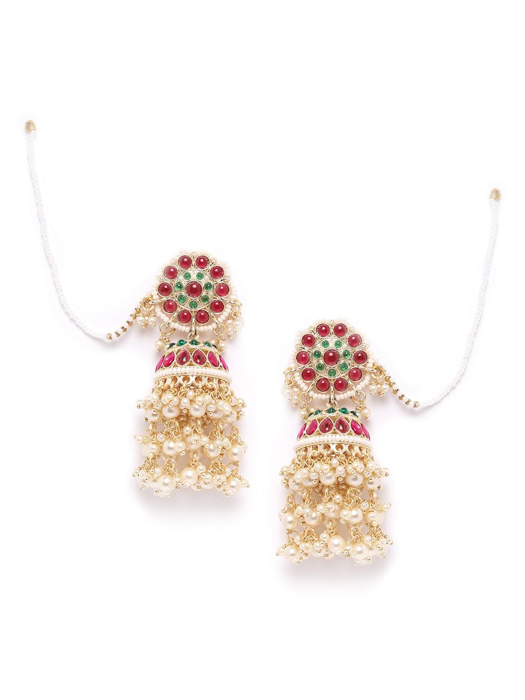 Maroon & Green Kundan Flower Jhumka with Ear Chain