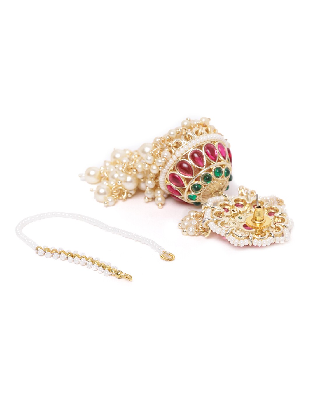 Maroon & Green Kundan Flower Jhumka with Ear Chain