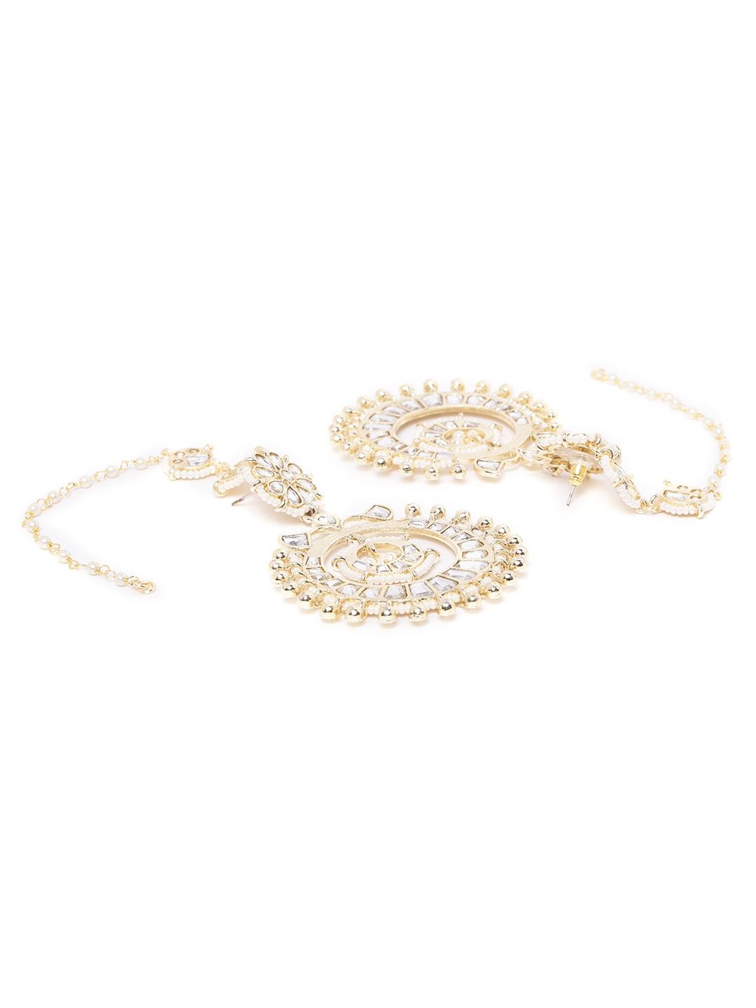 Off-White Gold Plated Kundan Earrings with Ear Chain