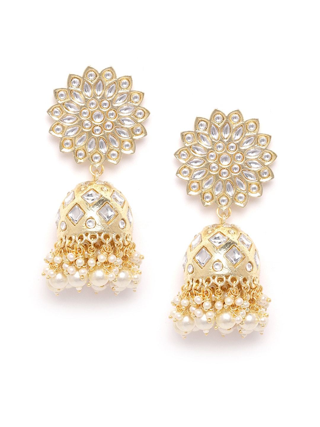 Gold Plated Kundan Studs & Pearls Floral Earrings