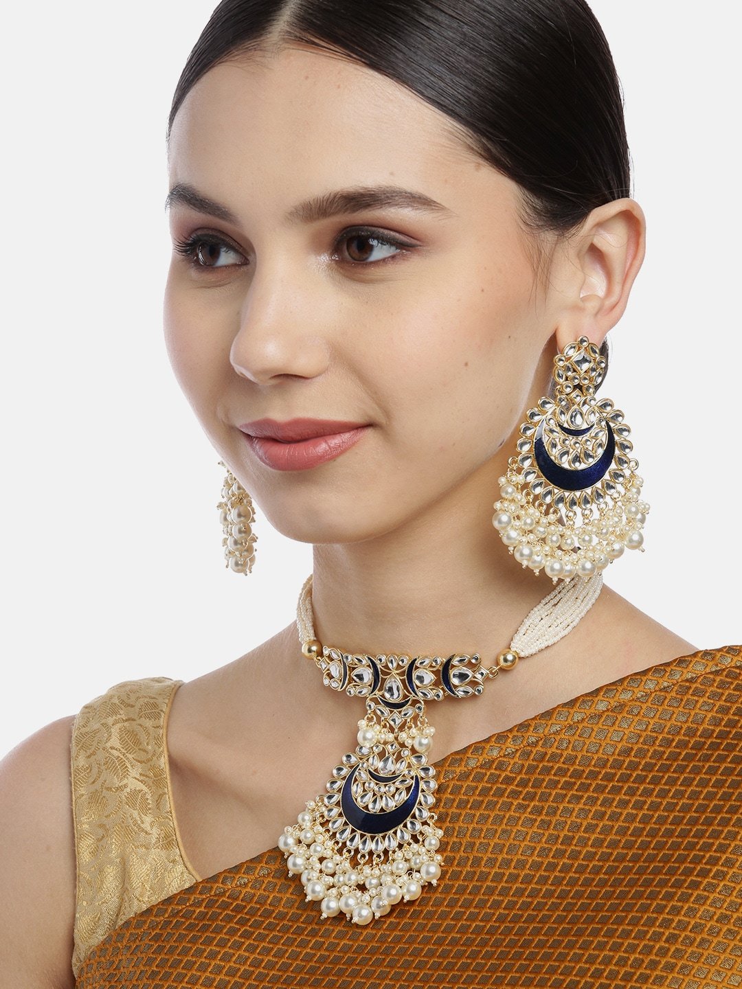 Dark Blue Kundan & Beaded Enamelled Necklace Set