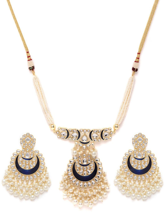 Dark Blue Kundan & Beaded Enamelled Necklace Set