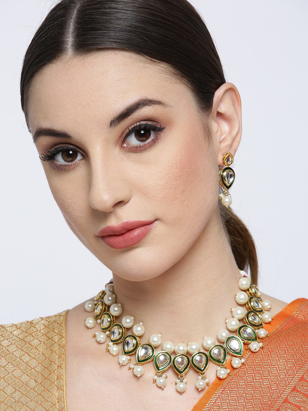 Off-White & Green Kundan & Beaded Necklace Set