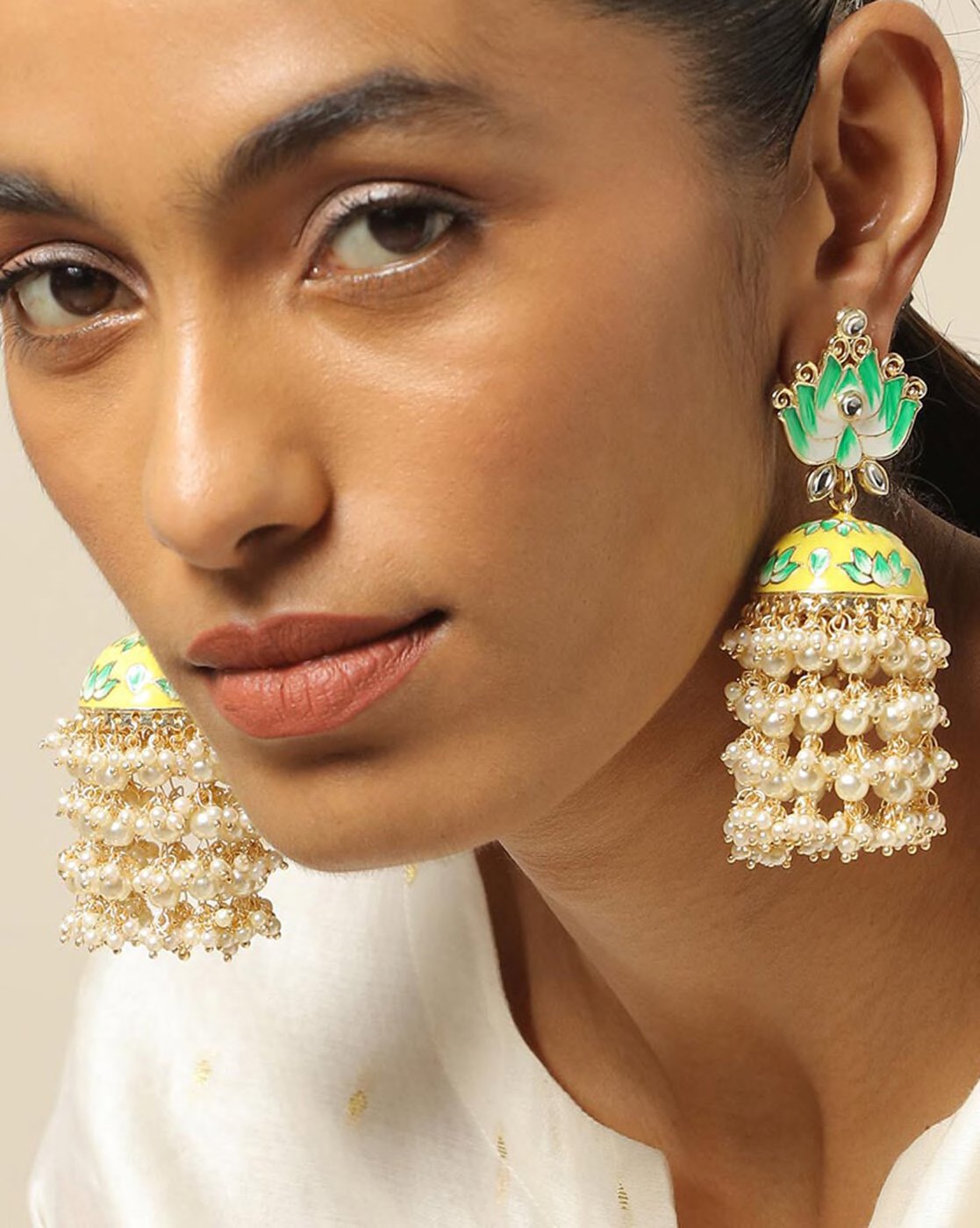 Yellow & Green Lotus Dome Jhumka