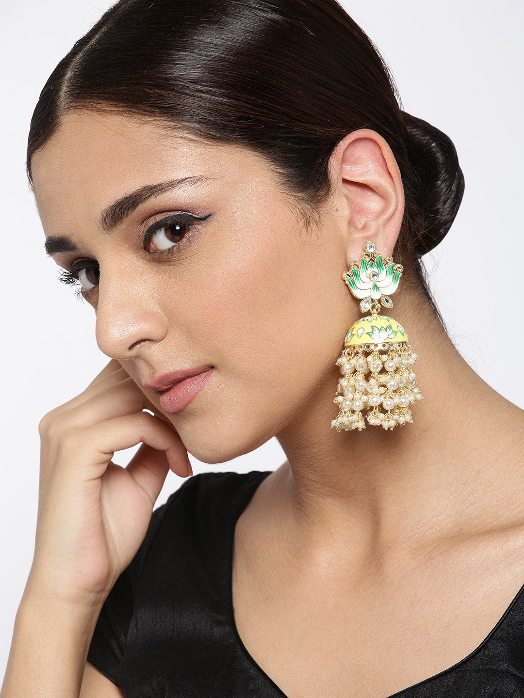 Yellow & Green Lotus Dome Jhumka