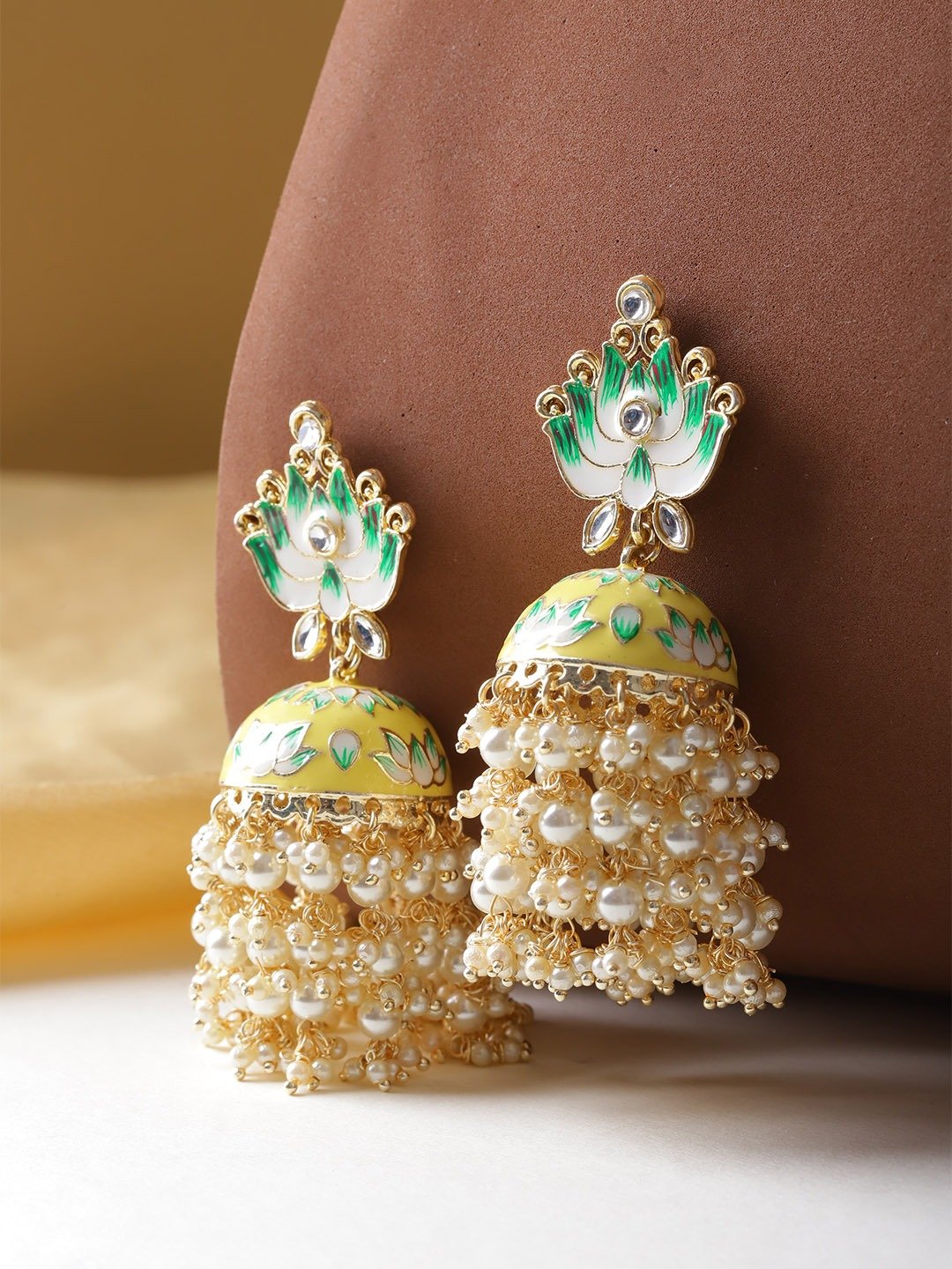 Yellow & Green Lotus Dome Jhumka