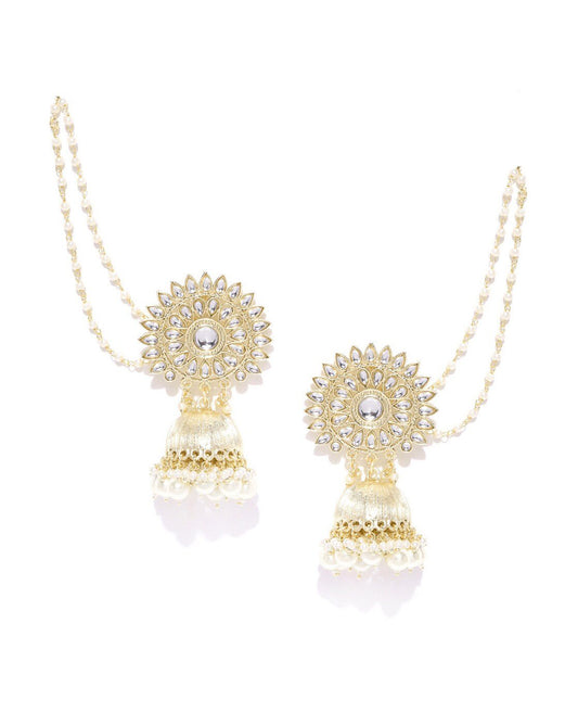 Gold Plated Kundan & Beaded Jhumka with Ear Chain