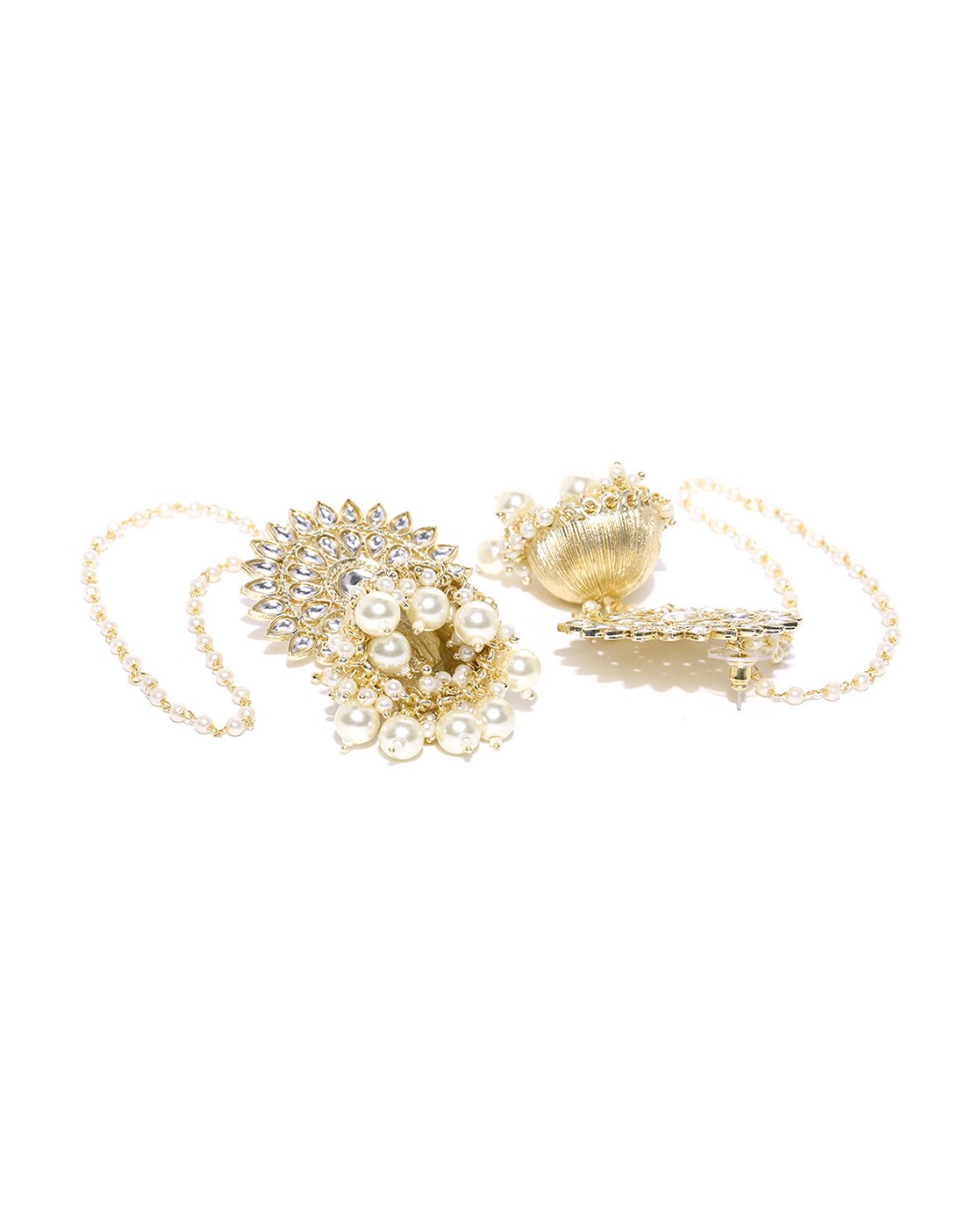 Gold Plated Kundan & Beaded Jhumka with Ear Chain