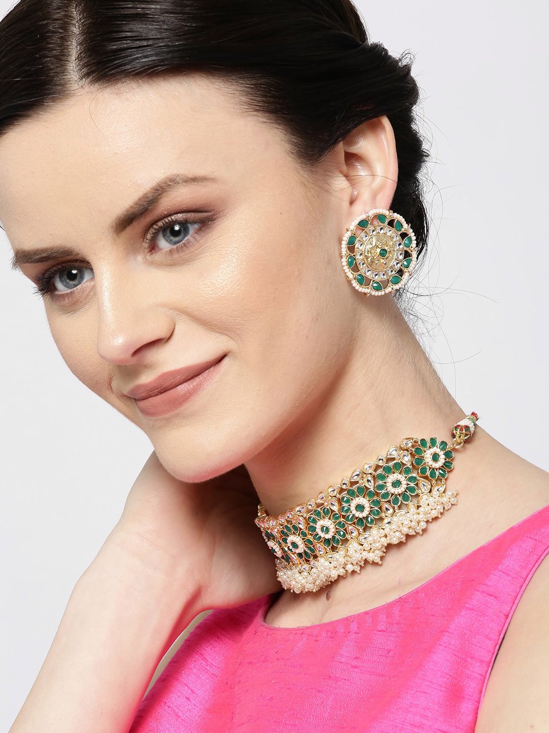 Green Beaded Flower Necklace Set