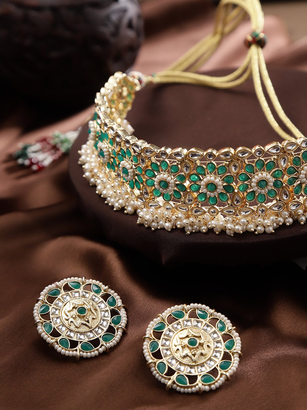 Green Beaded Flower Necklace Set