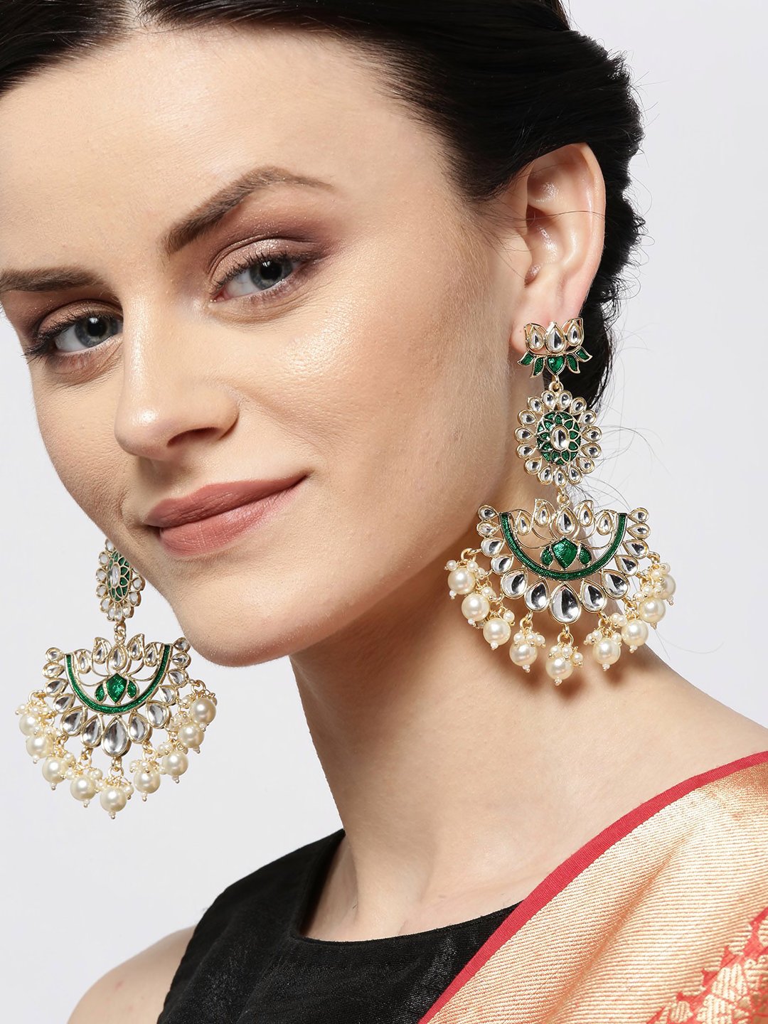 Green Ethnic Lotus Flower Crescent Jhumka