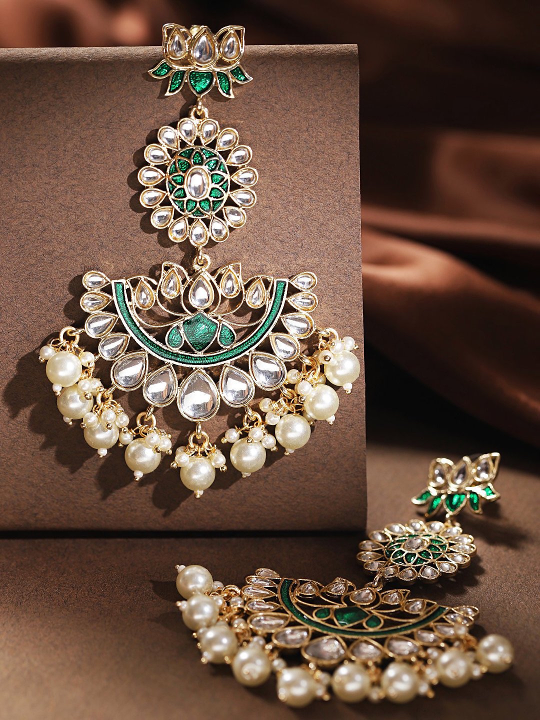 Green Ethnic Lotus Flower Crescent Jhumka