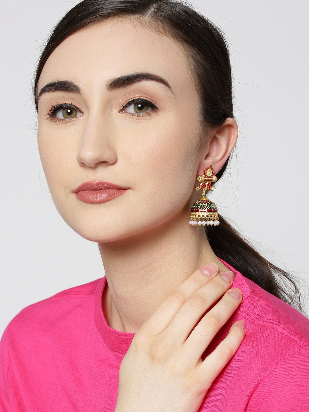 Red-Maroon Meenakari Ethnic Jhumki