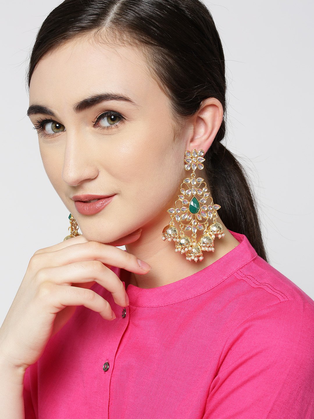 Green Off-White Kundan Dangling Jhumki