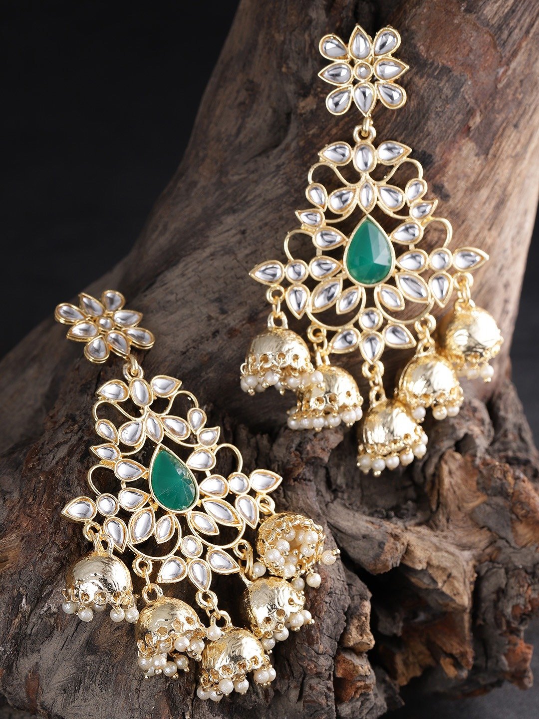 Green Off-White Kundan Dangling Jhumki