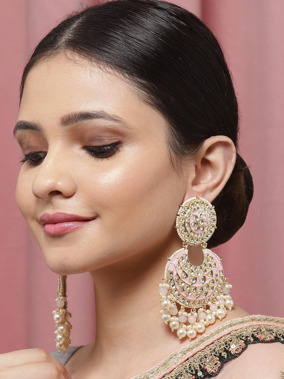 Pink Ethnic Stone Studded Chandbali Earrings