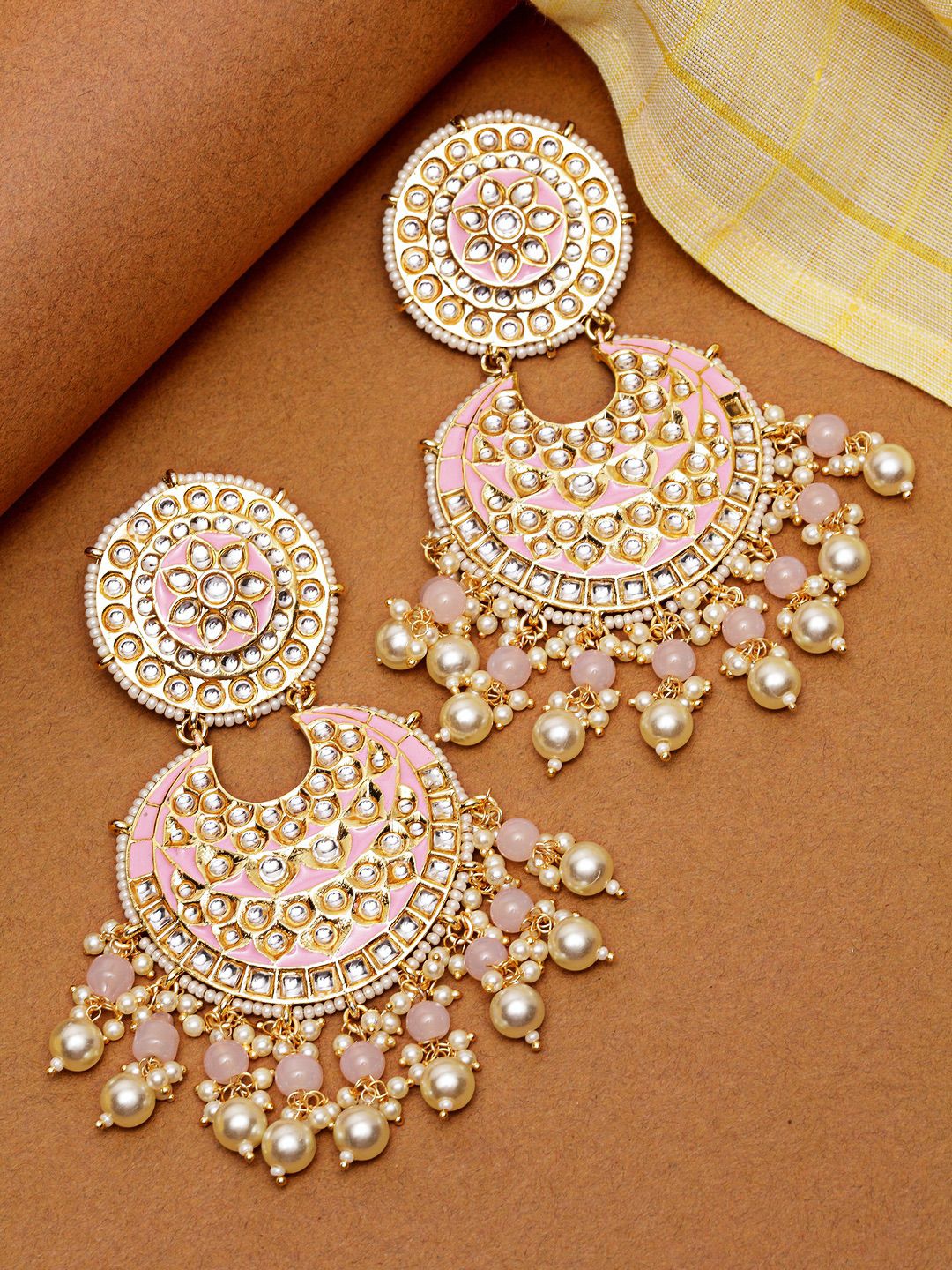 Pink Ethnic Stone Studded Chandbali Earrings