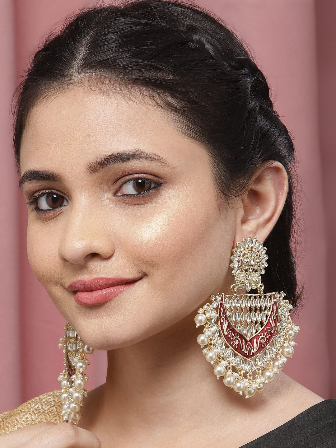 Gold & Maroon Kundan & Pearl Jhumka
