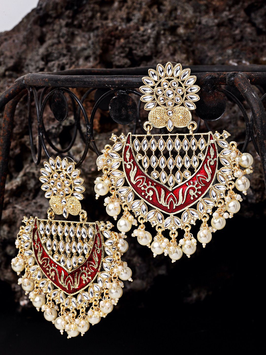 Gold & Maroon Kundan & Pearl Jhumka