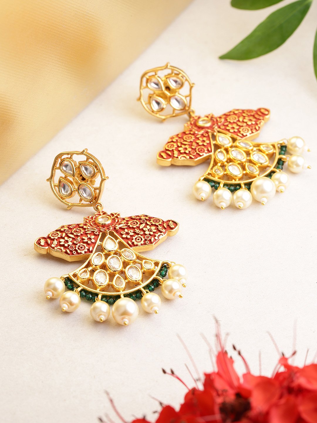 Red & Green Handcrafted Kundan Earrings