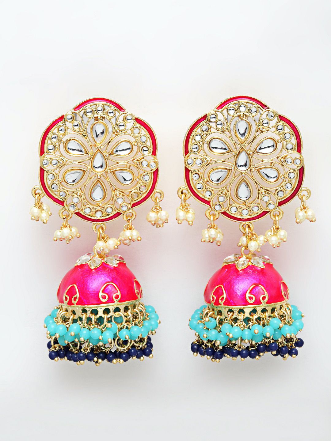 Poppy Pink & Ocean Blue Floral Meenakari Jhumka
