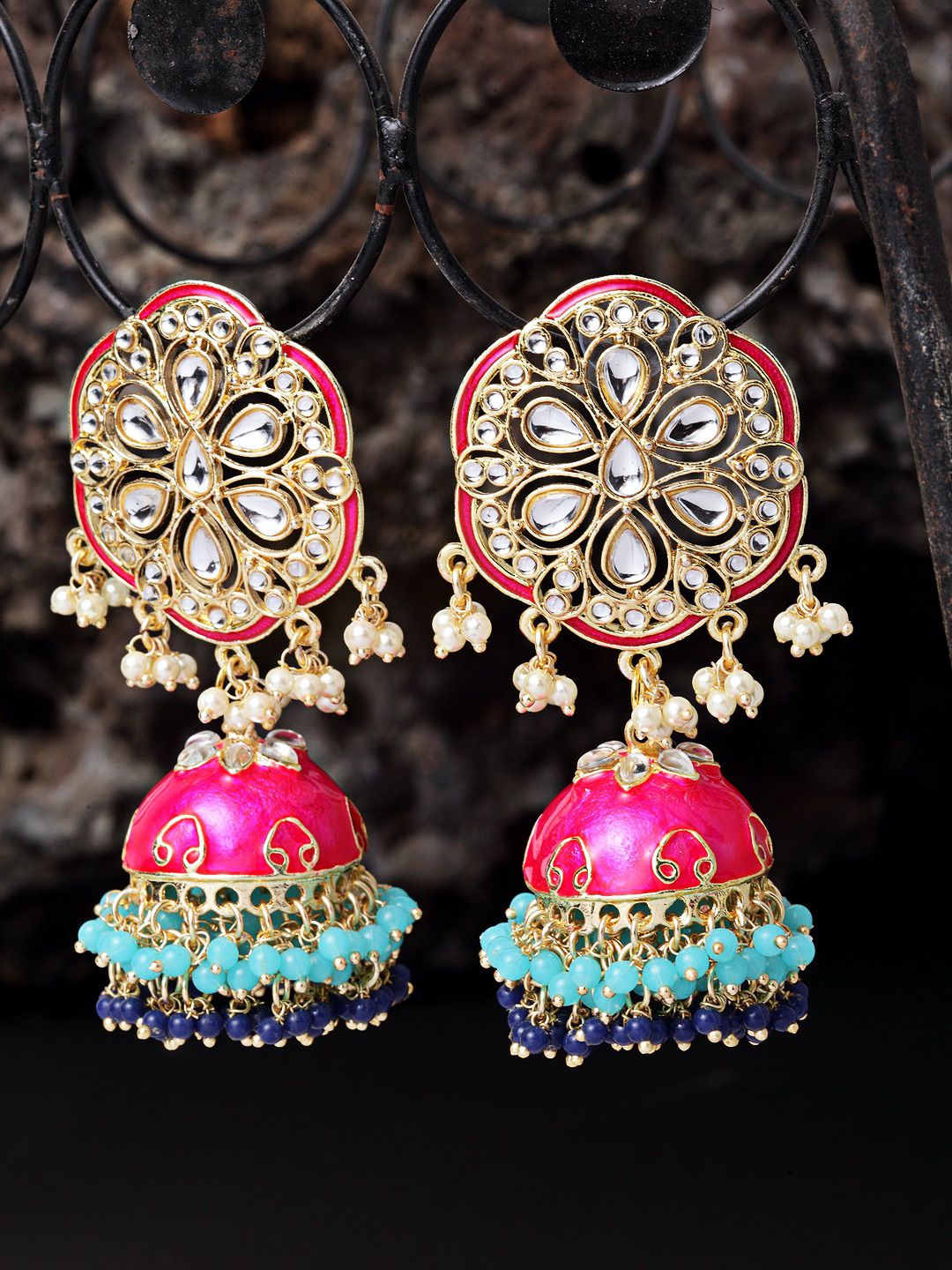 Poppy Pink & Ocean Blue Floral Meenakari Jhumka