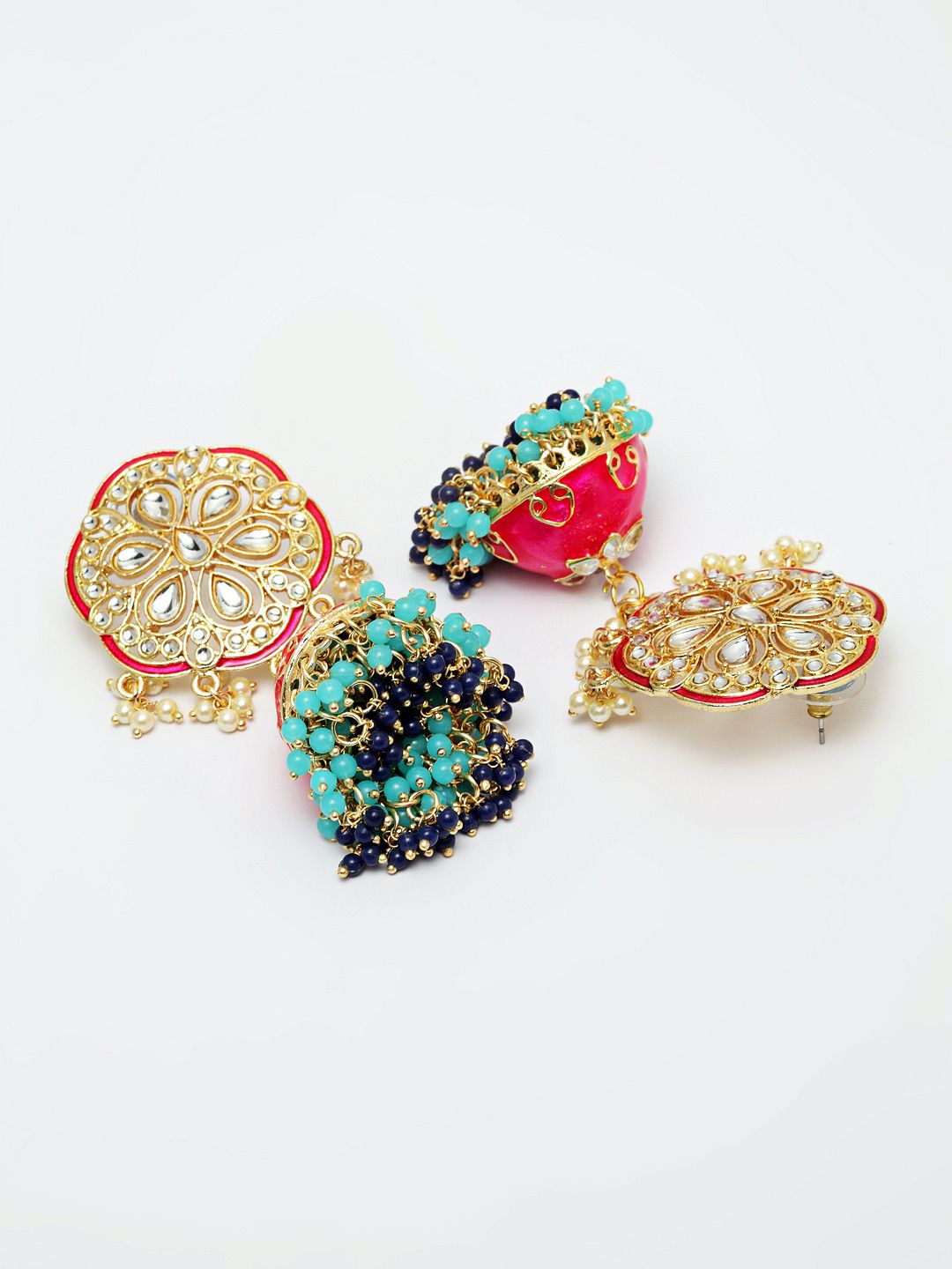 Poppy Pink & Ocean Blue Floral Meenakari Jhumka