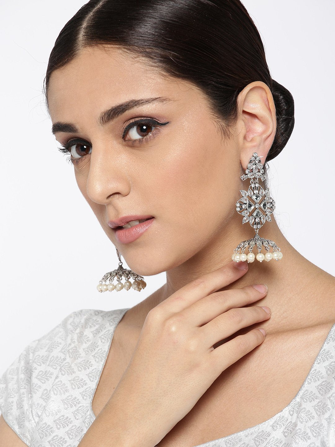 Silver Oxidised Dangling Beaded Jhumka