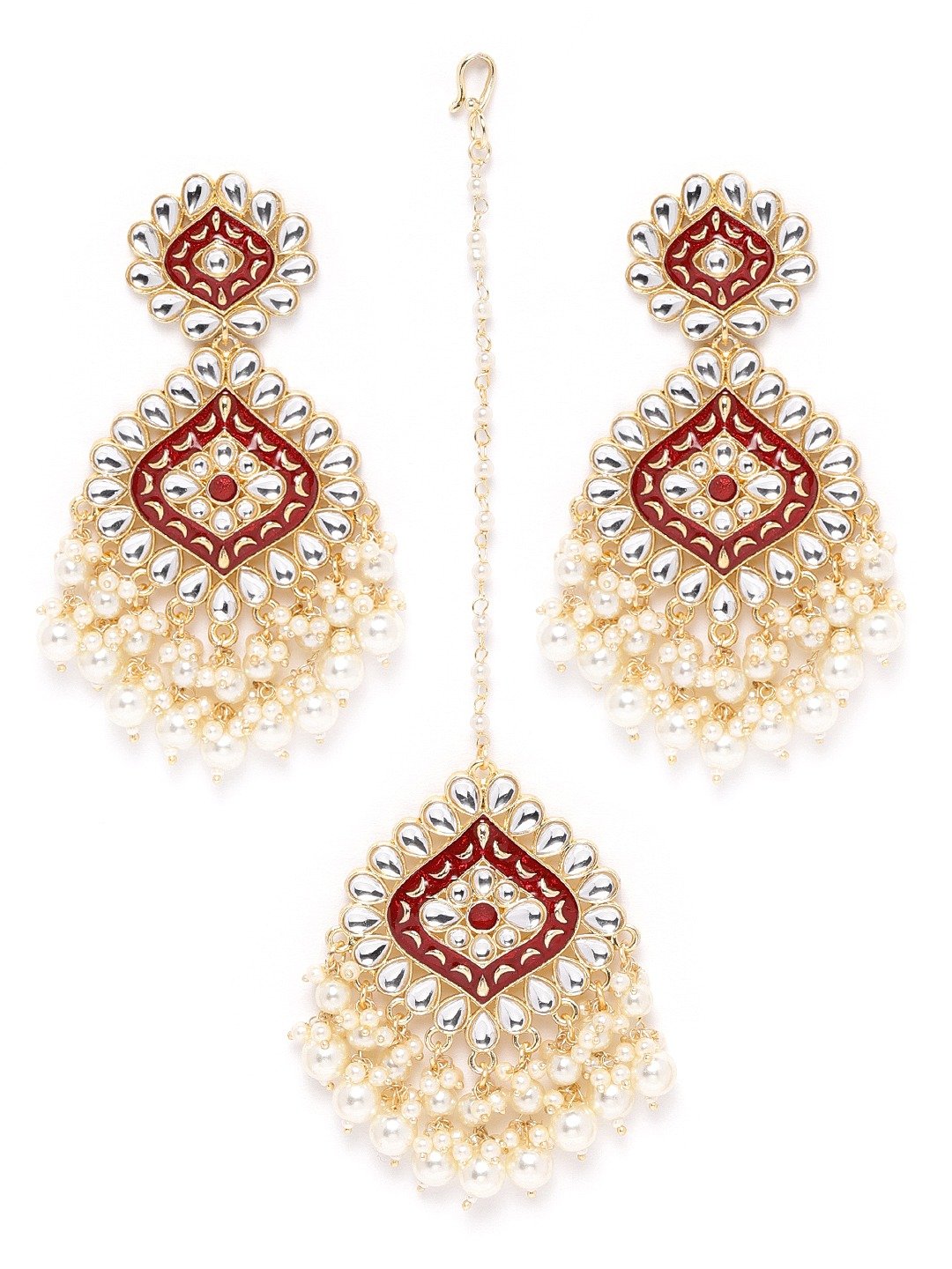Maroon Kundan & Beaded Earring Tikka Set