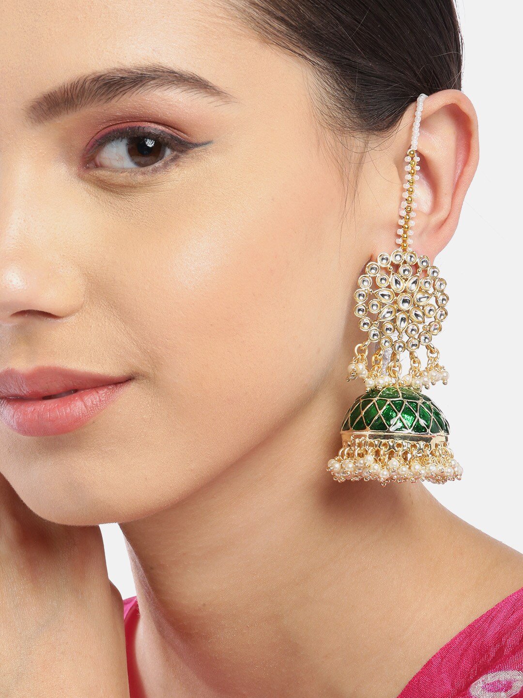 Green Kundan Dome Jhumka with Ear Chain