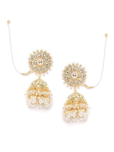 Off-White Kundan Pearl Floral Jhumki with Ear Chain