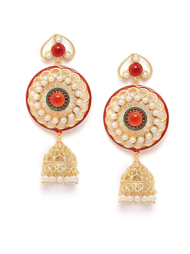 Red-Maroon Gold Floral Handcrafted Earring