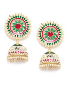 Green & Pink Round Floral Handcrafted Jhumka