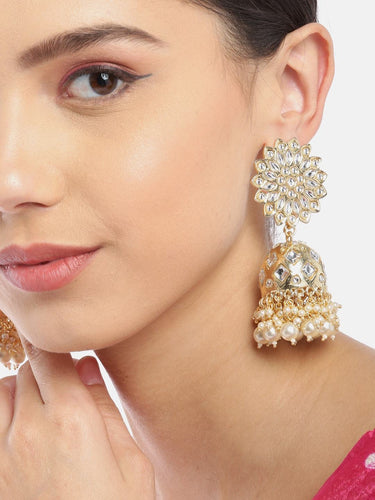 Gold Plated Kundan Studs & Pearls Floral Earrings