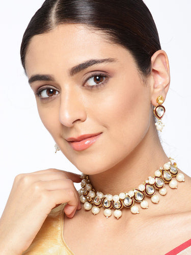 Maroon & Off-White Classic Kundan & Pearl Necklace Set