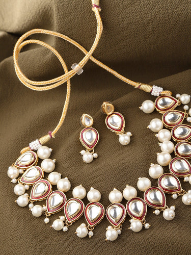 Maroon & Off-White Classic Kundan & Pearl Necklace Set