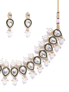 Off-White & Green Kundan & Beaded Necklace Set