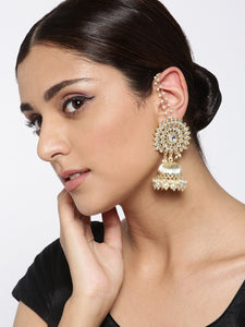 Gold Plated Kundan & Beaded Jhumka with Ear Chain