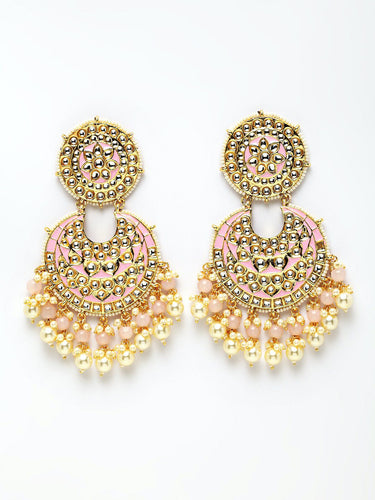 Pink Ethnic Stone Studded Chandbali Earrings